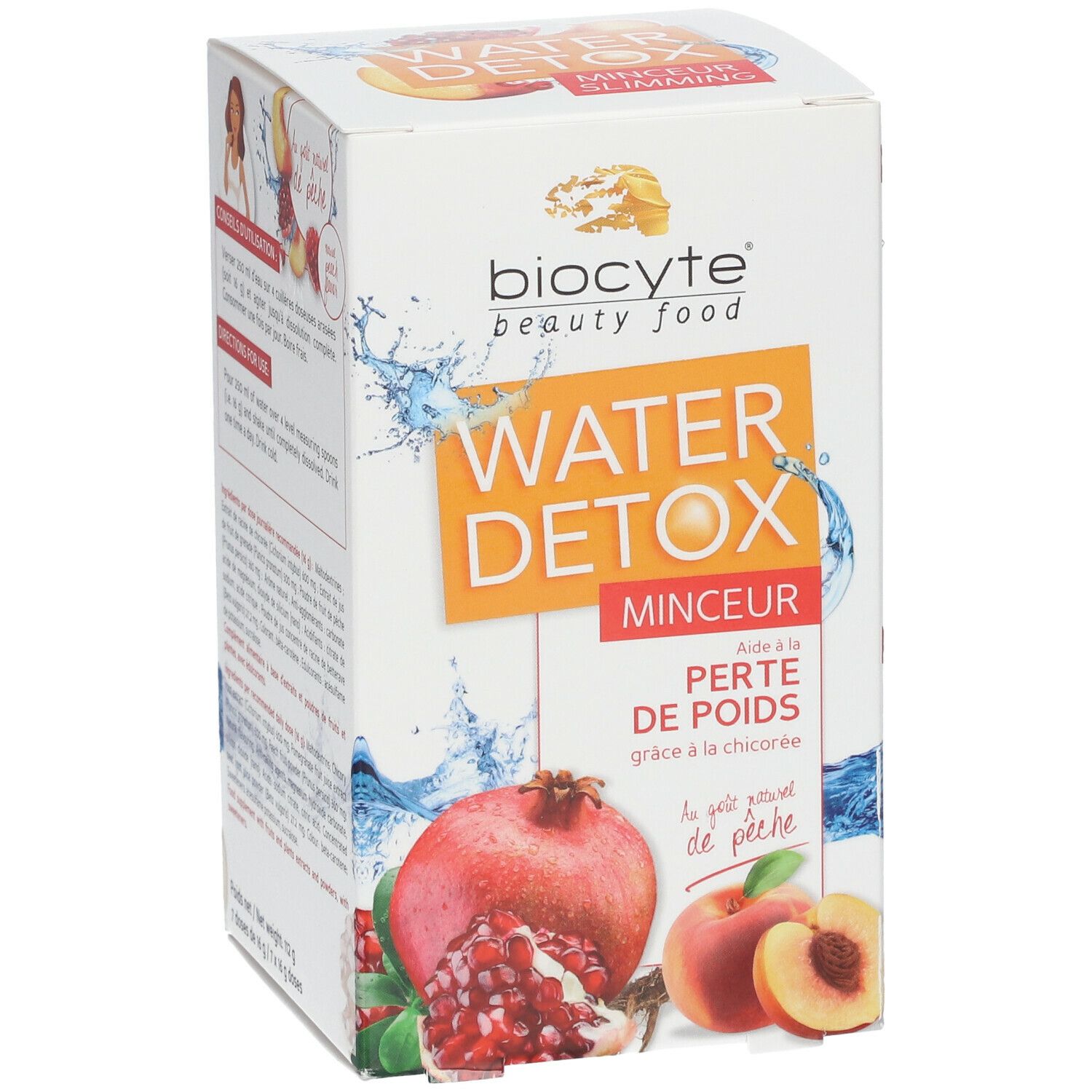 Biocyte Water Detox Faltschachtel. Abbildungen von Granatapfel und Pfirsich. Text: Water Detox Minceur.