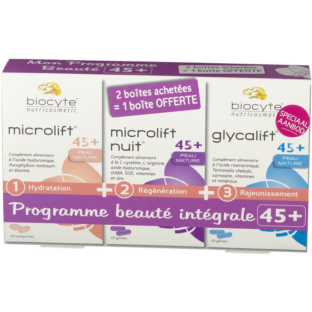 Coffret Biocyte Microlift, Microlift Nuit, Glycalift. Boîtes avec mentions: 45+, peau mature. Offre: 2 achetées, 1 offerte.
