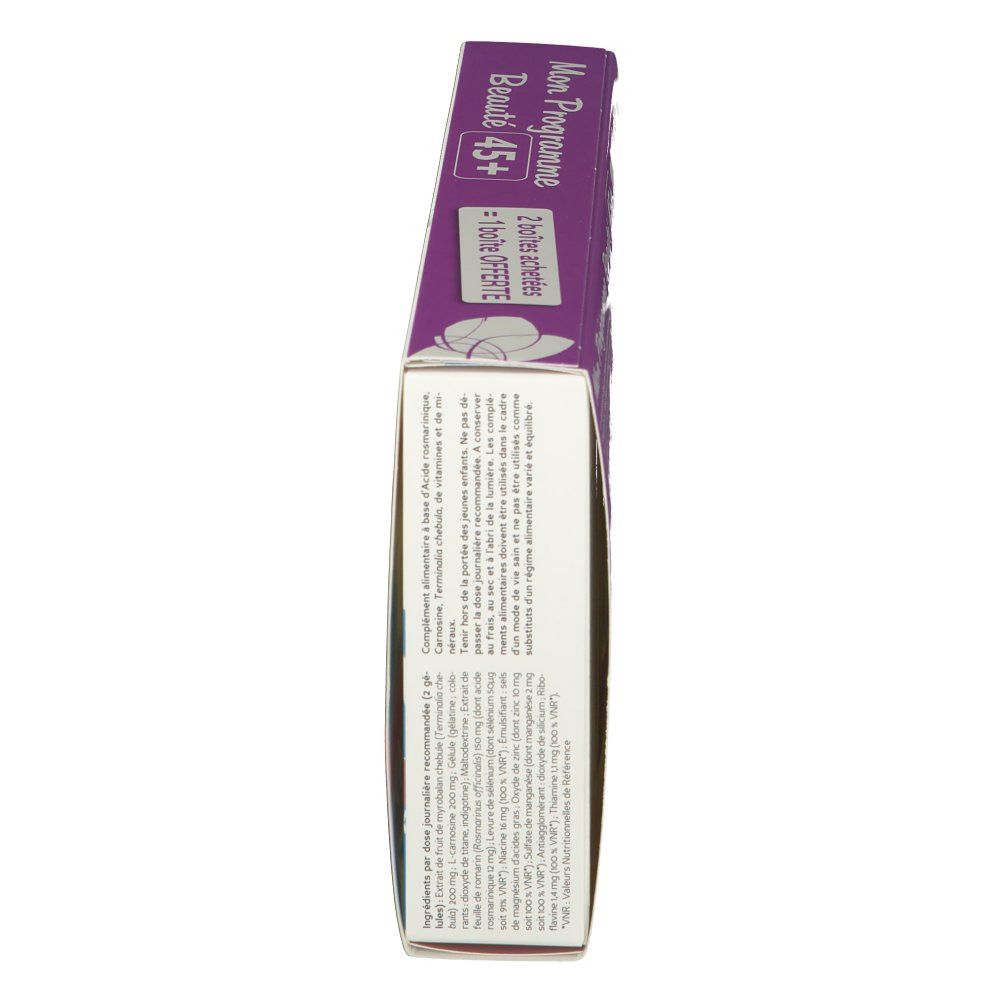 Vue latérale du coffret. Inscription: Mon Programme Beauté 45+. Offre: 2 achetées, 1 offerte.