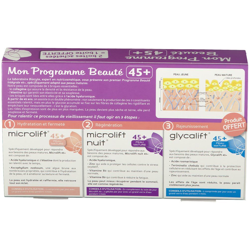 Coffret avec informations produits. Inscriptions: Biocyte Microlift, Microlift Nuit, Glycalift. Offre: 2 achetées, 1 offerte.