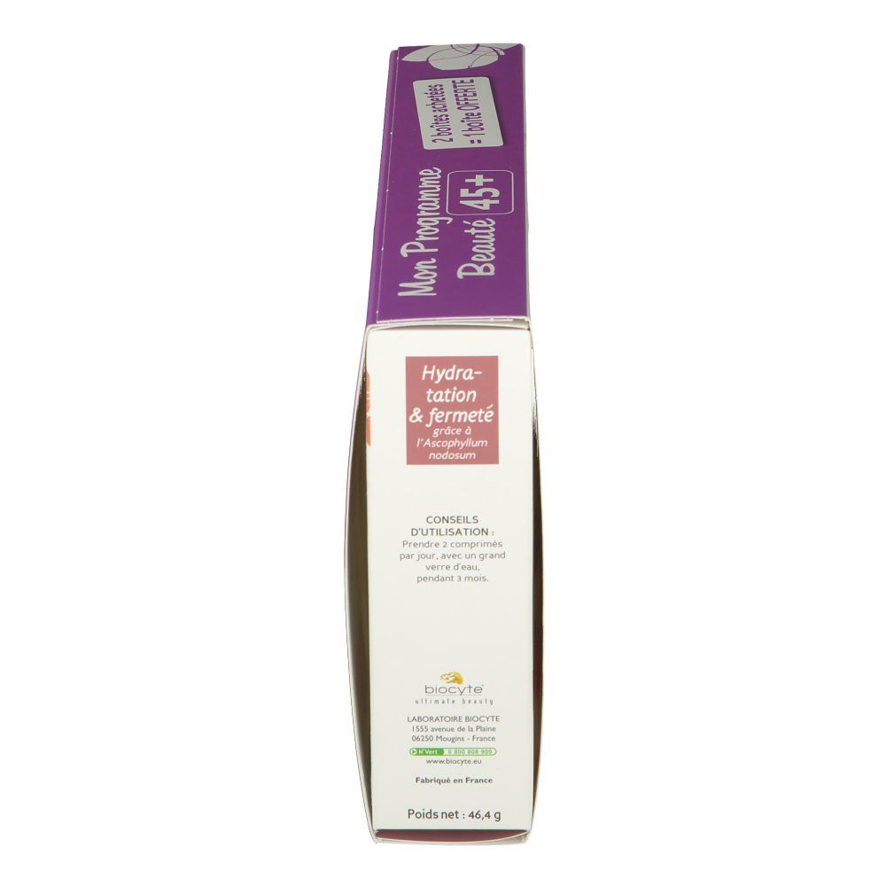 Vue latérale du coffret. Inscription: Mon Programme Beauté 45+. Conseils d'utilisation.
