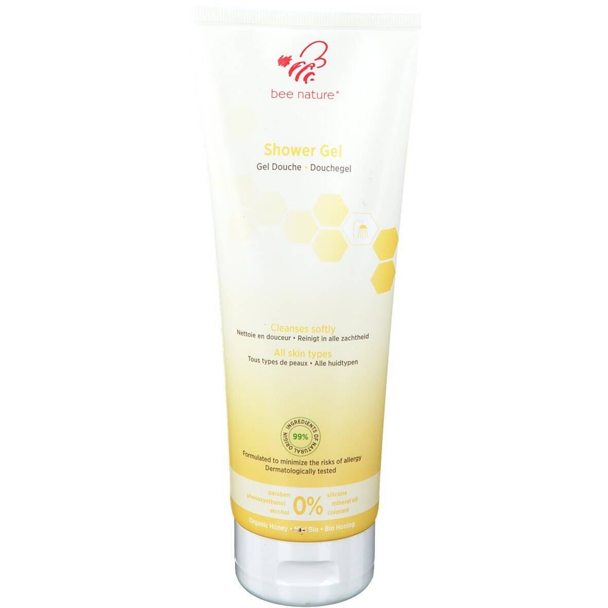 Weißes Duschgel-Tube mit gelbem Farbverlauf. Aufschrift: bee nature®, Shower Gel. Mit Bienenwaben-Design und 99% Inhaltsstoffe natürlichen Ursprungs.