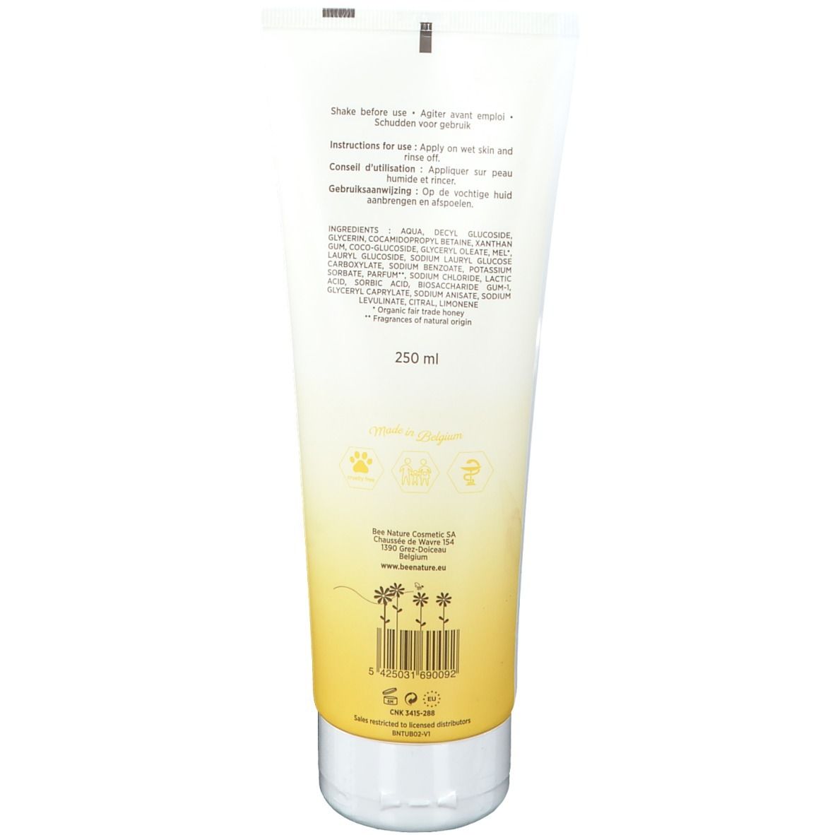 Duschgel-Tube, weiß mit gelbem Farbverlauf. Aufschrift: bee nature®, Shower Gel. Mit Bienenwaben-Design und 99% Inhaltsstoffe natürlichen Ursprungs.