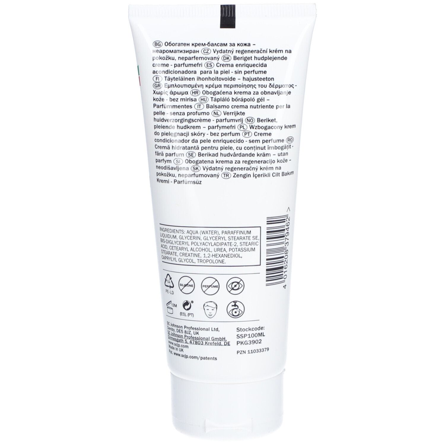 Rückseite der Tube Stokolan Sensitive Pure. Text in mehreren Sprachen, Inhaltsstoffe und Piktogramme.