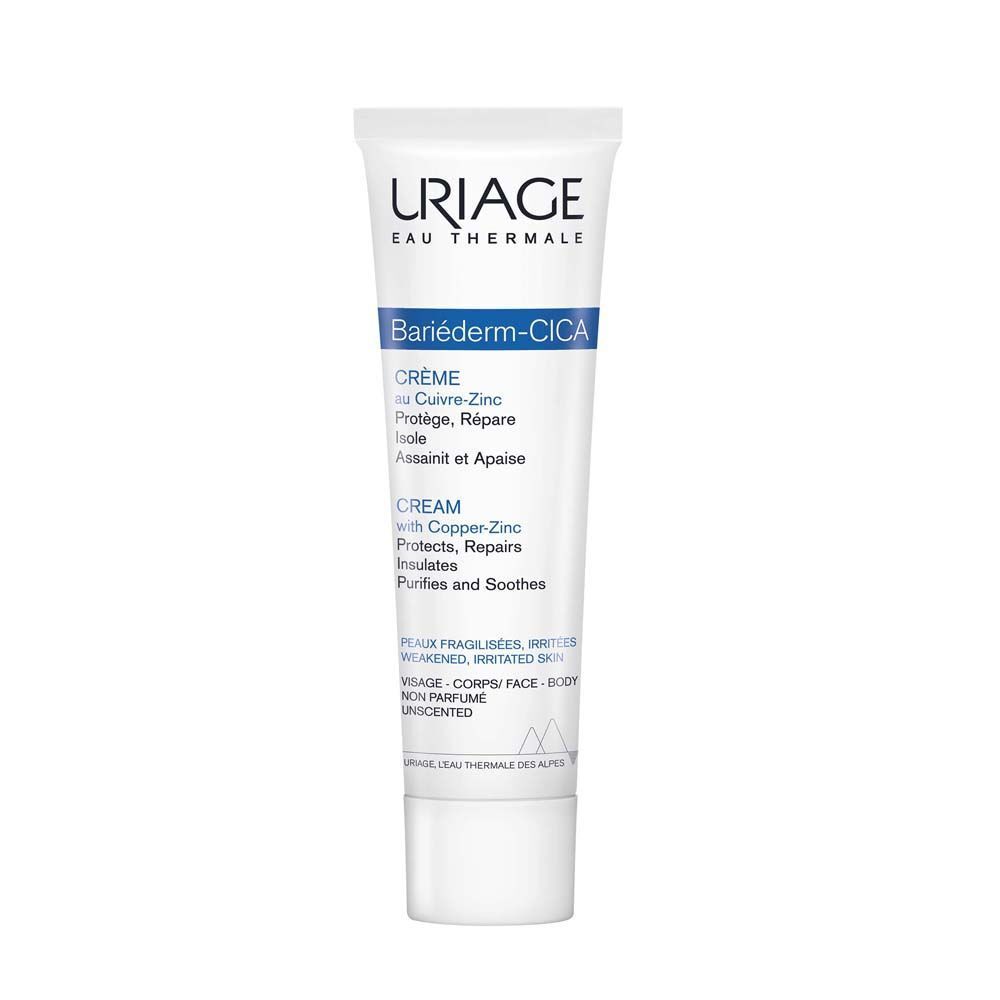 Tube de crème Uriage BARIÉDERM Cica-Crème. Texte en français. Nom du produit et logo.
