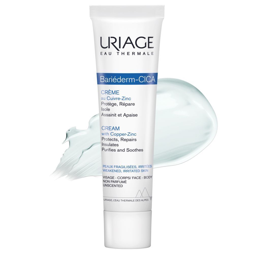 Tube de crème Uriage BARIÉDERM Cica-Crème. Texte en français. Nom du produit et logo.