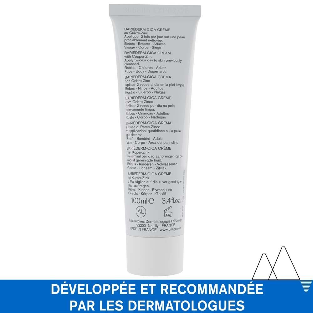 Tube de crème Uriage BARIÉDERM Cica-Crème. Texte en français. Nom du produit et logo.