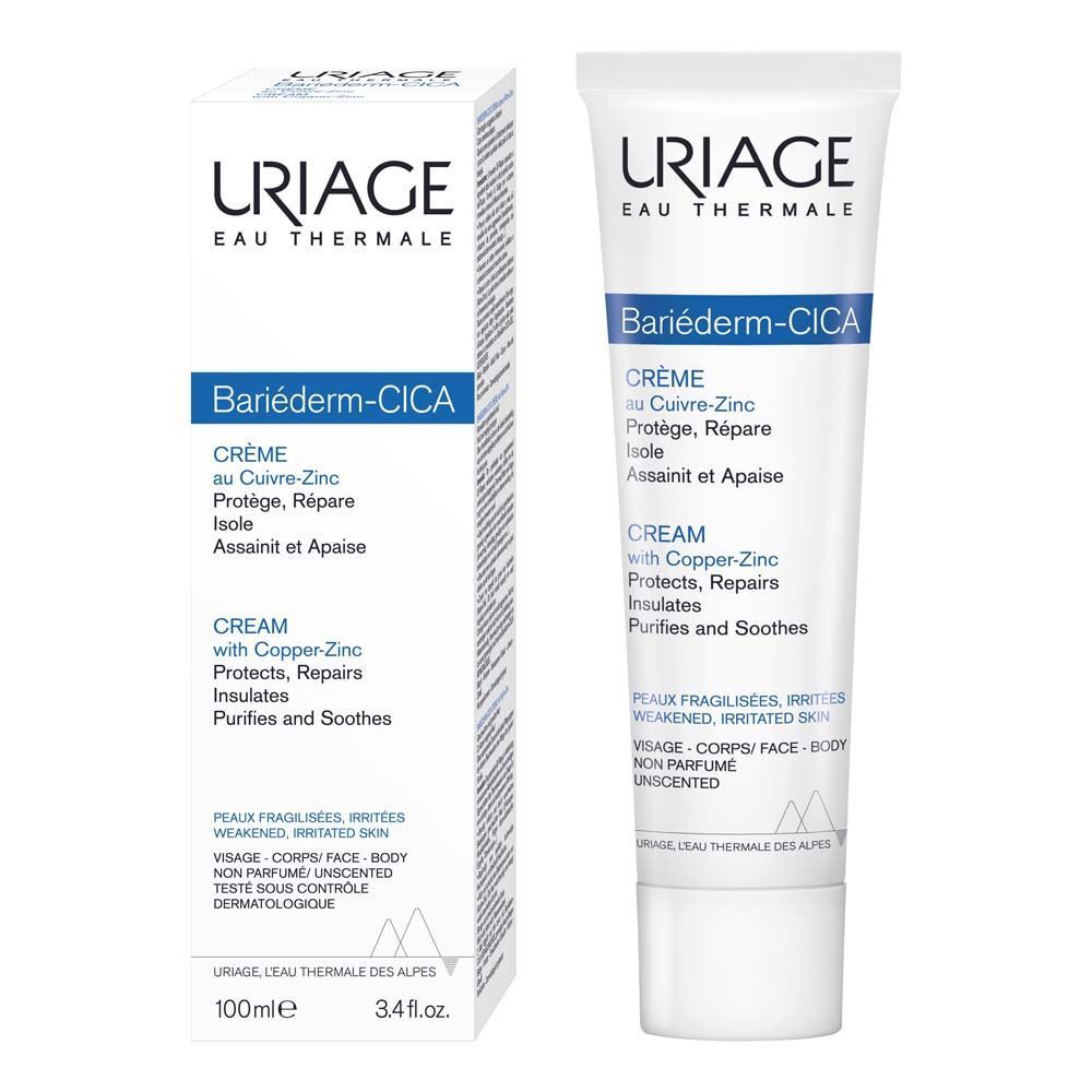 Tube de crème Uriage BARIÉDERM Cica-Crème. Texte en français. Nom du produit et logo.