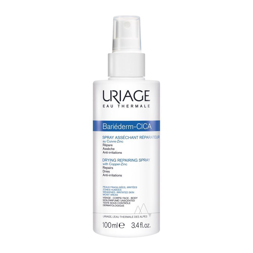 Gros plan sur un spray blanc. Texte: Peaux fragilisées & irritées. Application facile, texture légère, sans parfum.