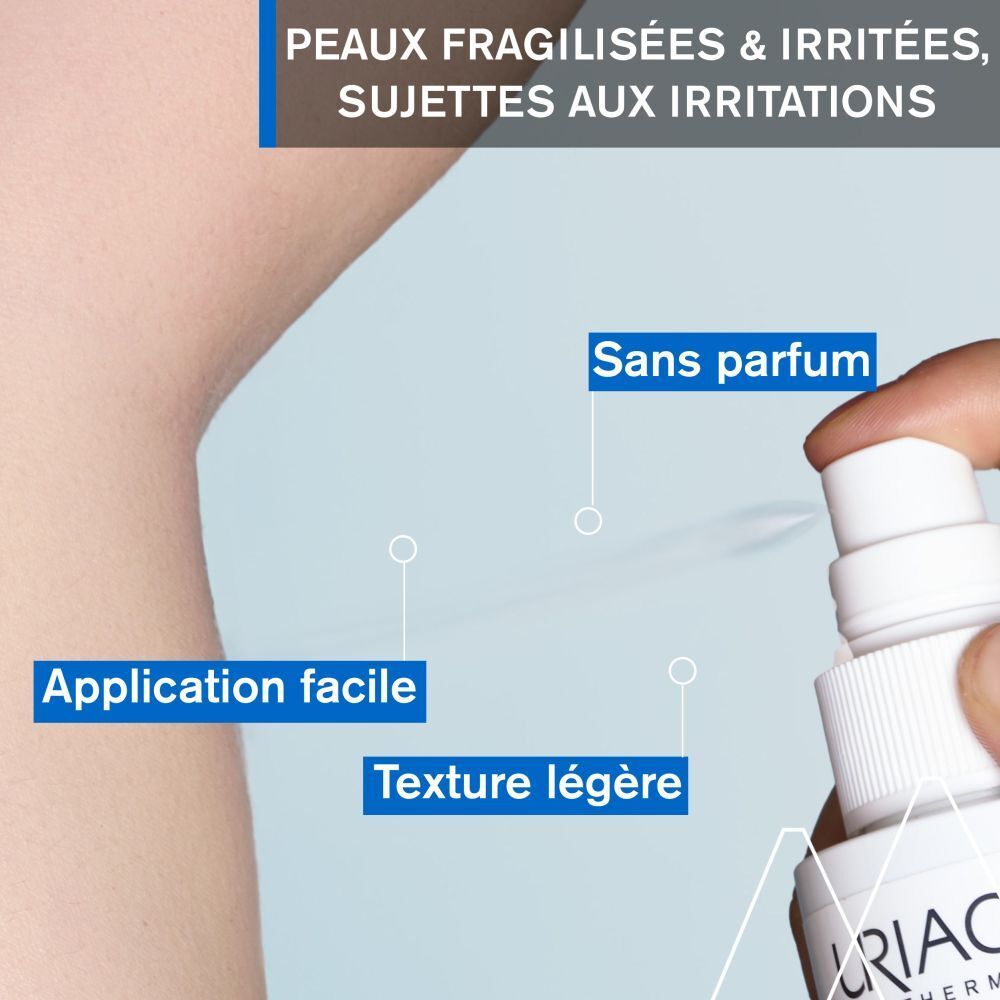 Gros plan sur un spray blanc. Texte: Spray réparateur asséchant. Soins SOS pour zones humides & plis.