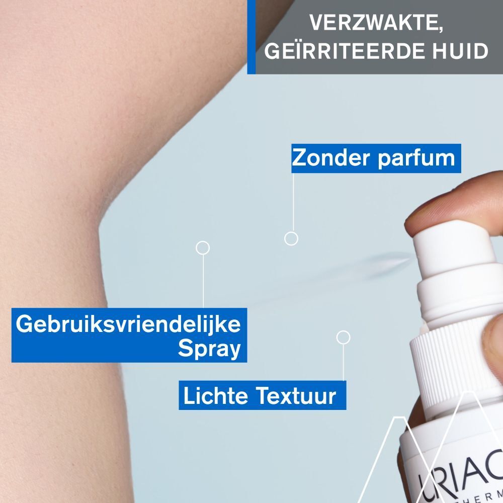 Close-up van een witte spray. Tekst: Verzwaakte, geïrriteerde huid. Zonder parfum. Gebruiksvriendelijke Spray.