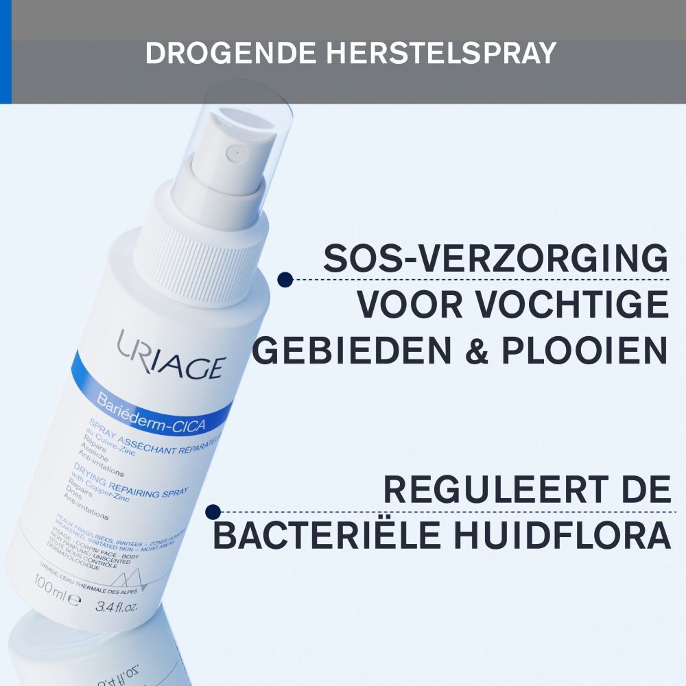 Close-up van een witte spray. Tekst: Drogende herstelspray. SOS-verzorging voor vochtige gebieden & plooien.
