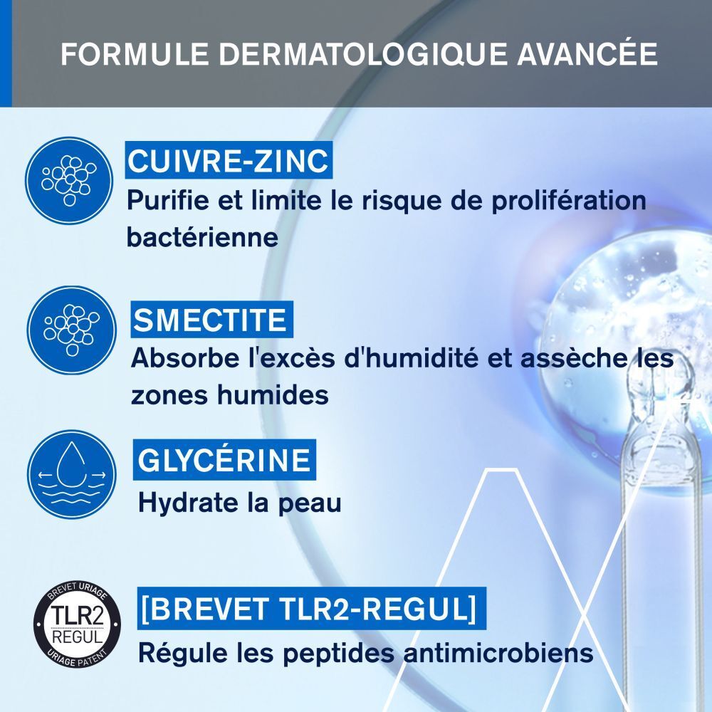 Dos du flacon spray blanc. Informations produit, ingrédients et adresse du fabricant. Logo URIAGE.