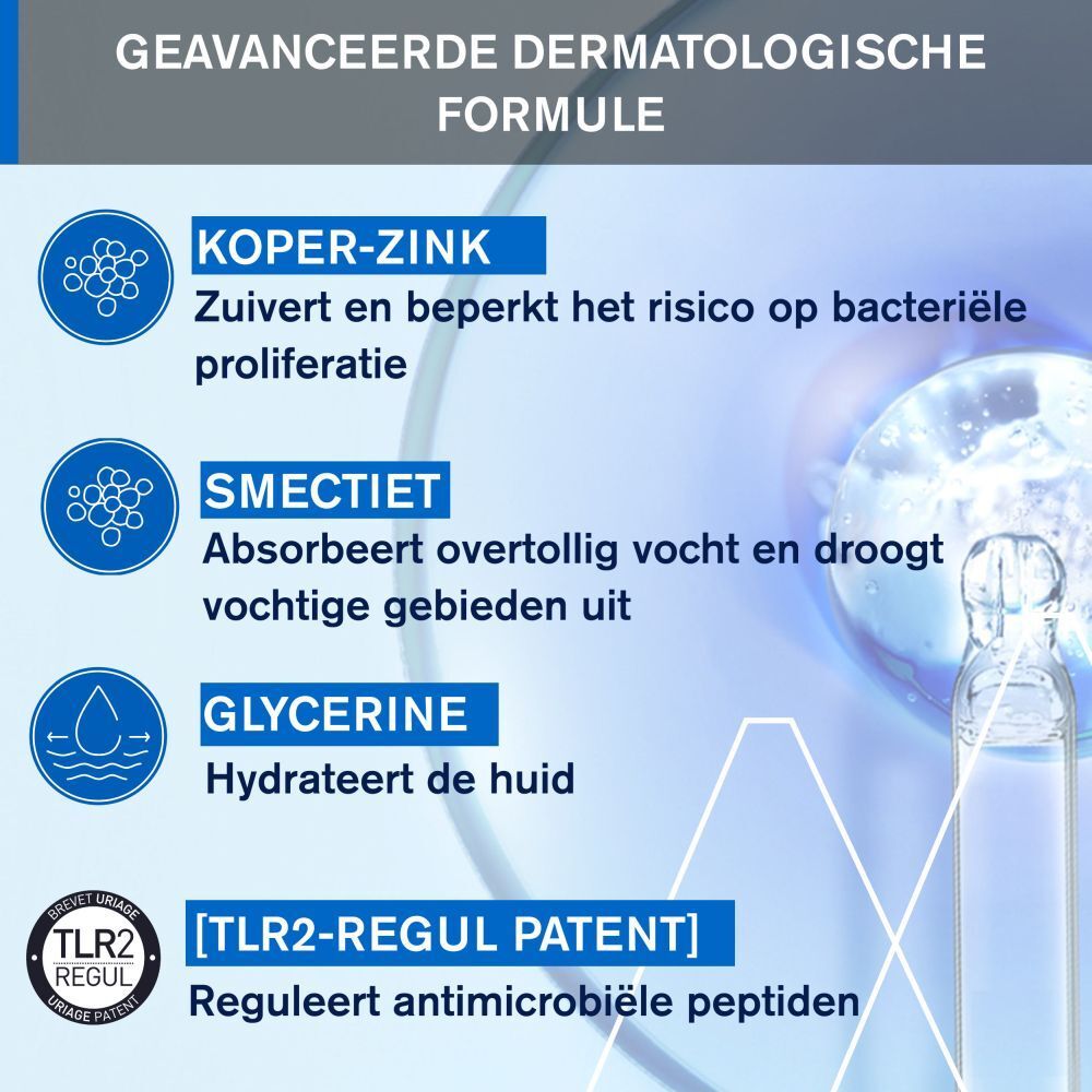 Close-up. Tekst: Geavanceerde dermatologische formule. Koper-Zink, Smectiet, Glycerine, TLR2-REGUL-patent.