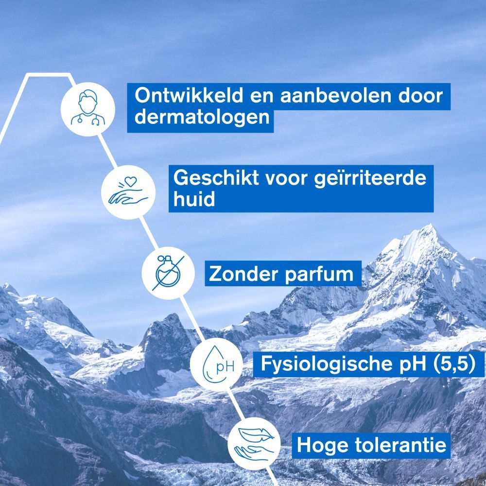 Grafiek. Tekst: Ontwikkeld en aanbevolen door dermatologen. Voor geïrriteerde huid. Zonder parfum. Fysiologische pH.