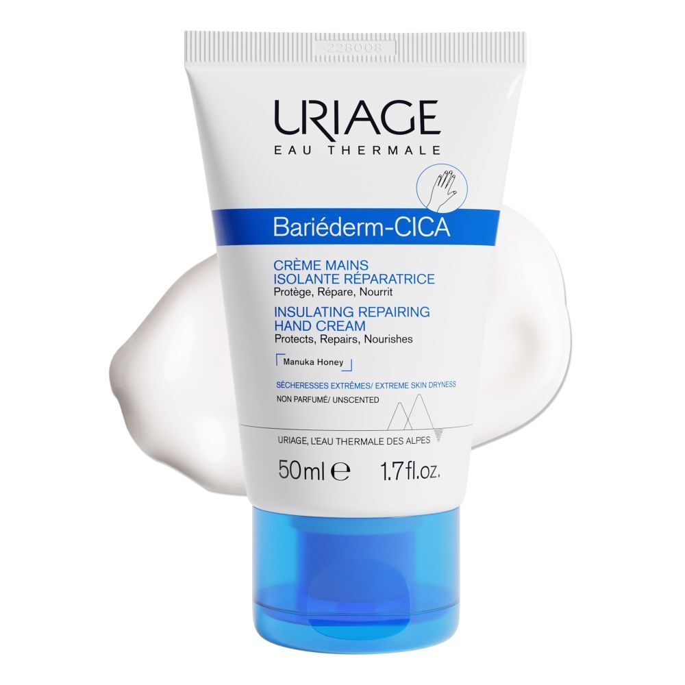Tube blanc et bleu Uriage BARIÉDERM Crème Mains. Inscription en français. 50ml.