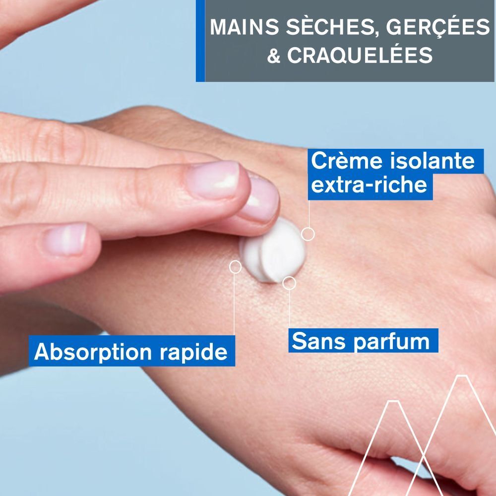 Tube blanc et bleu Uriage BARIÉDERM-CICA Crème Mains. Inscription en français. 50ml.