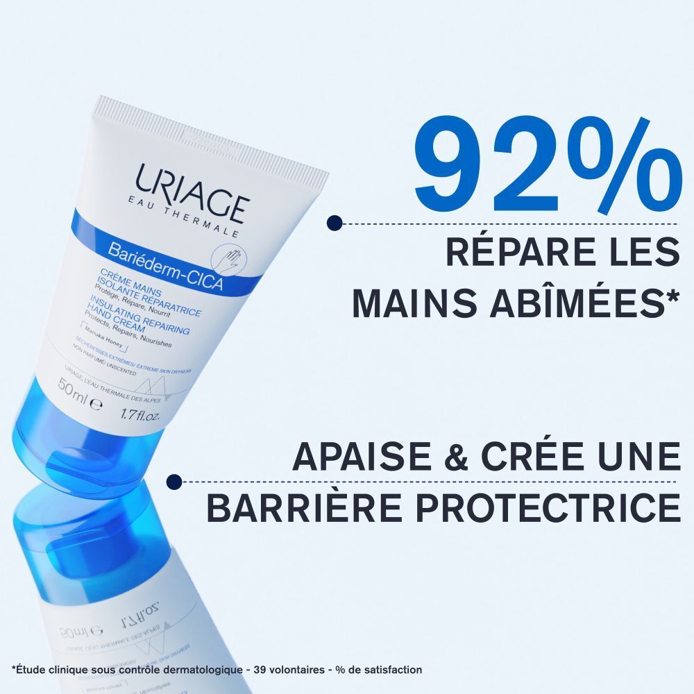 Tube blanc et bleu Uriage BARIÉDERM-CICA Crème Mains. Inscription en français. 50ml.