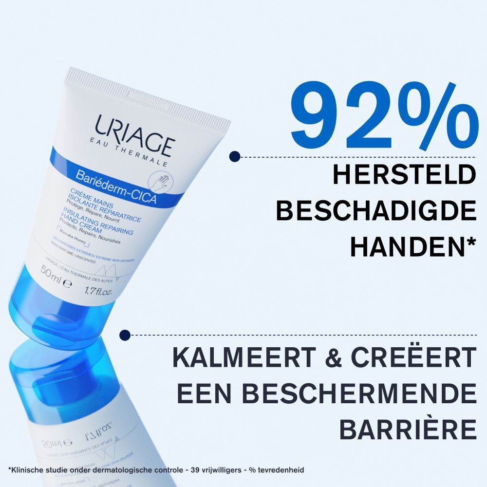 Uriage BARIÉDERM Crème Mains. Witte tube met blauwe dop. Tekst in het Nederlands. 50ml.