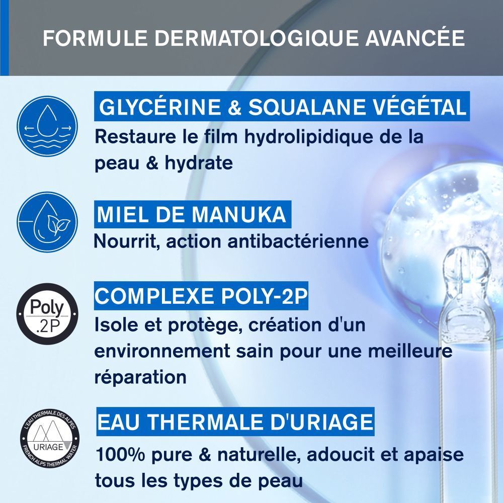 Tube blanc et bleu Uriage BARIÉDERM-CICA Crème Mains. Inscription en français. 50ml.