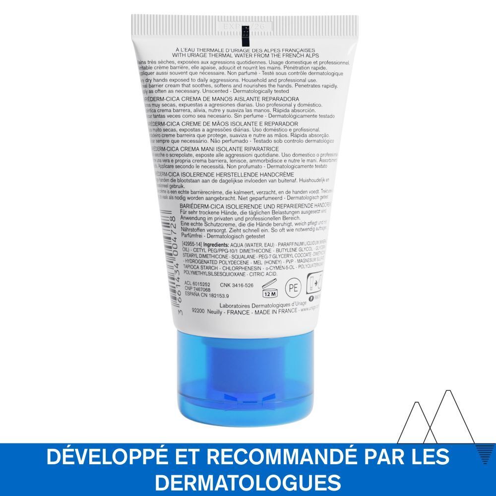 Tube blanc et bleu Uriage BARIÉDERM-CICA Crème Mains. Inscription en français. 50ml.