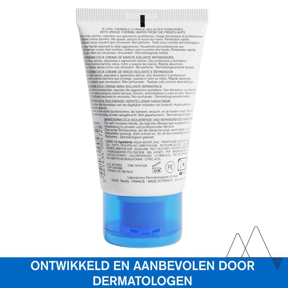 Uriage BARIÉDERM Crème Mains. Witte tube met blauwe dop. Tekst in het Nederlands. 50ml.
