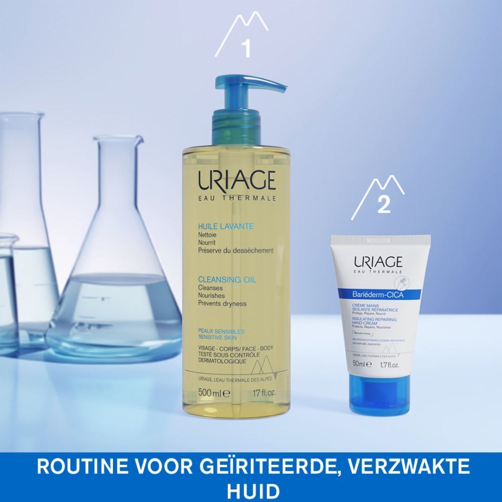 Uriage BARIÉDERM Crème Mains. Witte tube met blauwe dop. Tekst in het Nederlands. 50ml.