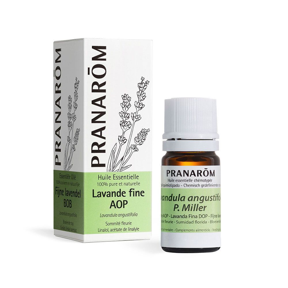 Flakon und Schachtel mit PRANAROM Ätherisches Öl Feiner Lavendel. Aufdrucke: Lavande fine AOP, 100% pur.