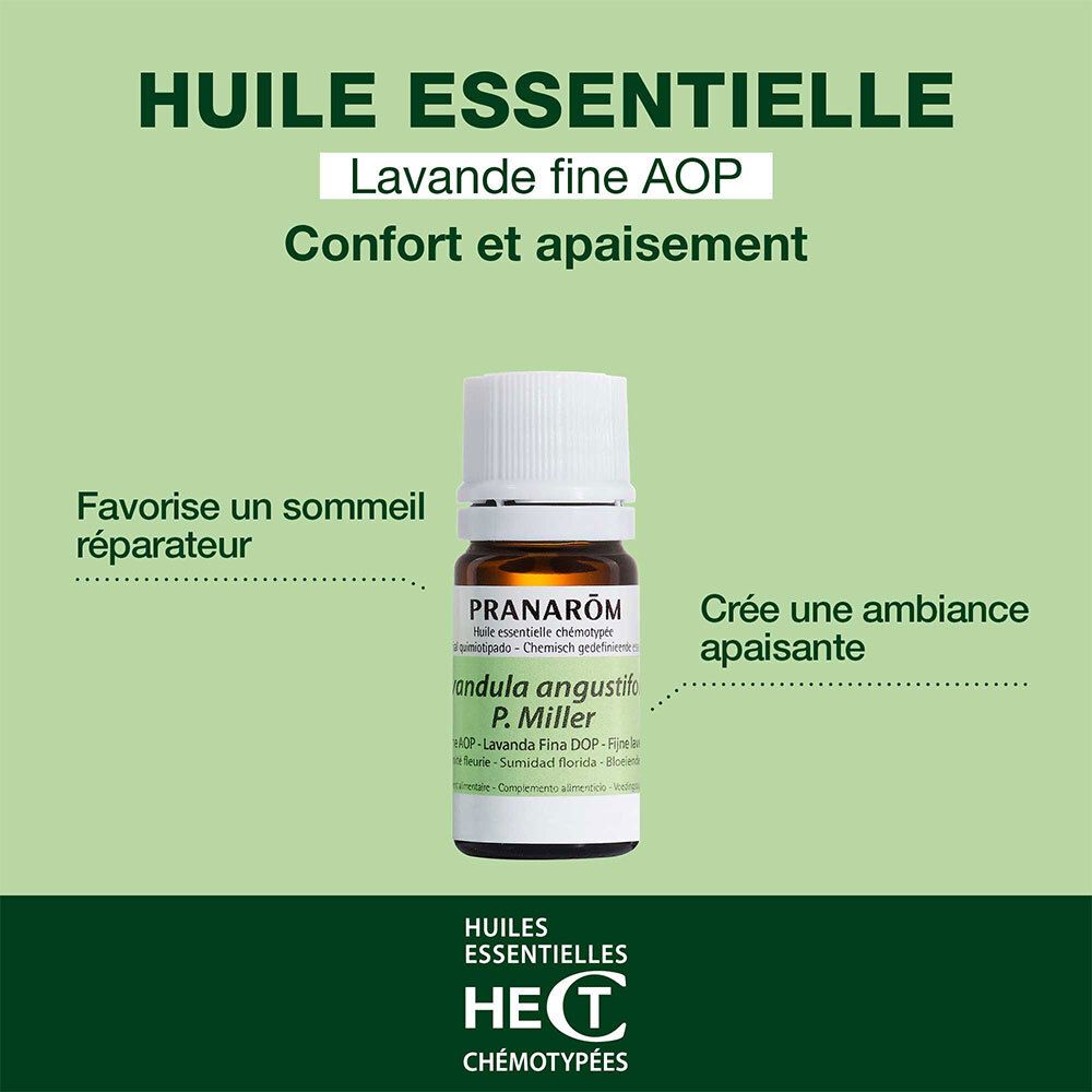 Werbung für ätherisches Öl. Text: Huile essentielle Lavande fine AOP. Fördert Schlaf und beruhigt.