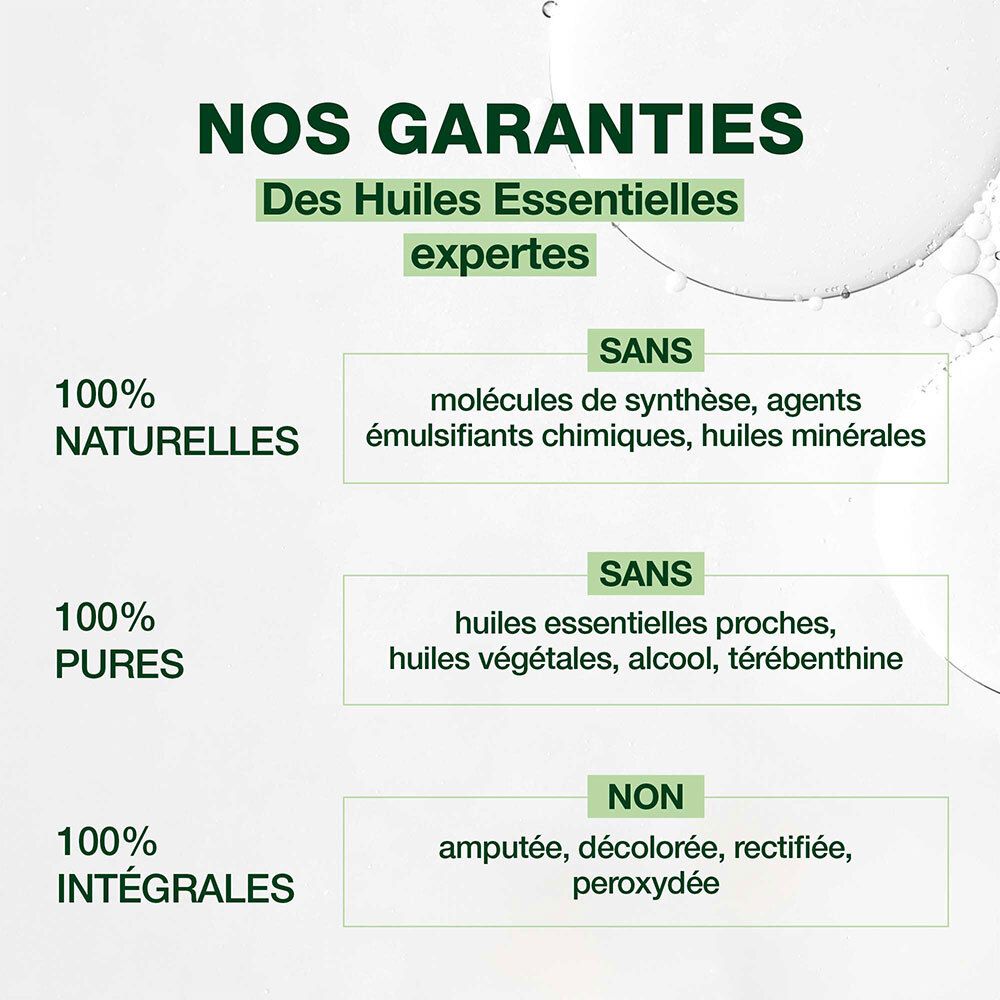 Text: Nos garanties. 100% natürlich, rein und integral. Ohne synthetische Moleküle, etc.