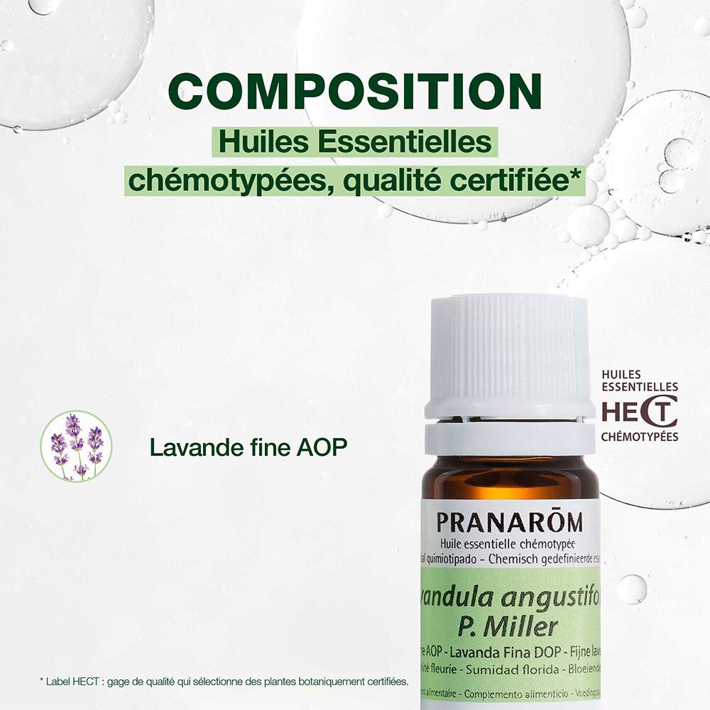Flakon mit ätherischem Öl. Text: Huiles essentielles chémotypées, qualité certifiée. Lavande fine AOP.