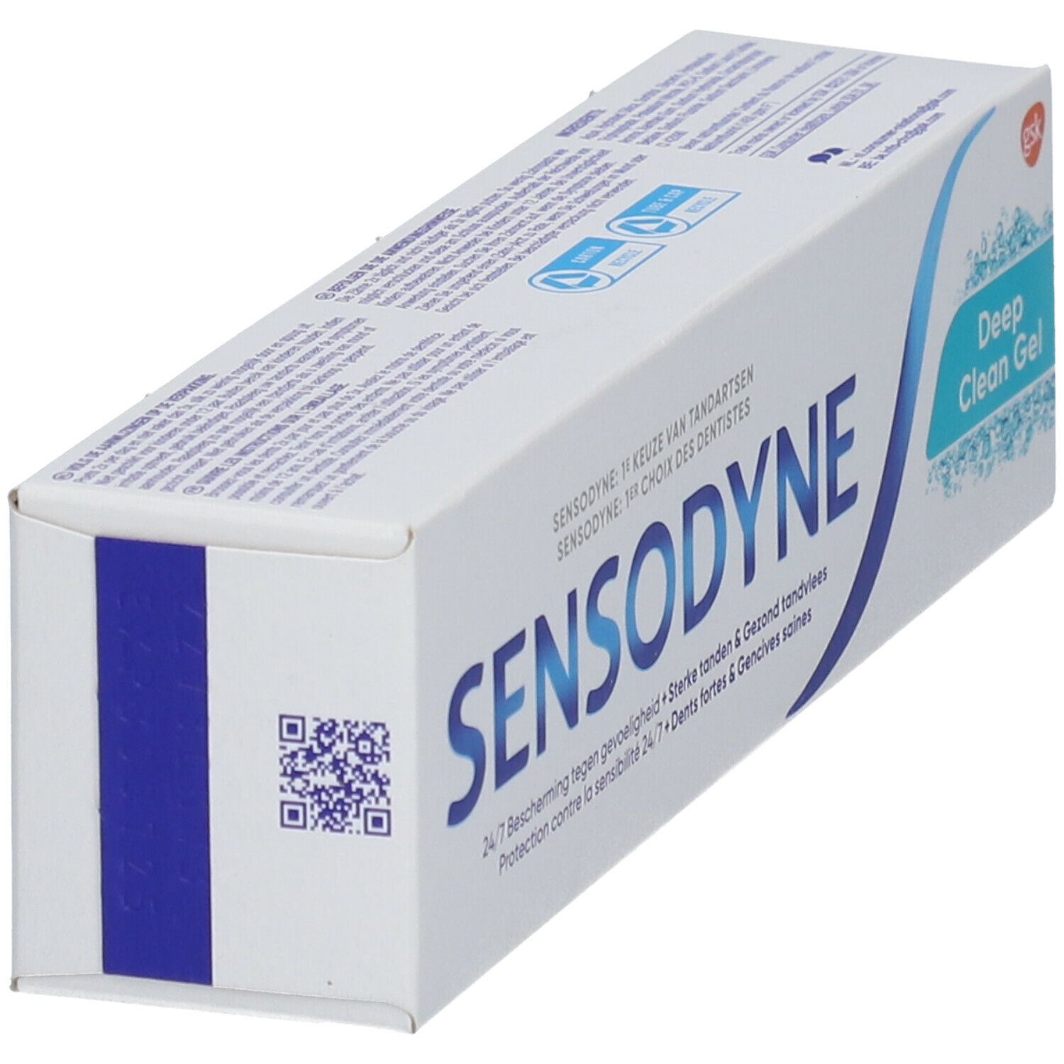 Emballage avec logo SENSODYNE bleu et texte "Deep Clean Gel". Code QR.