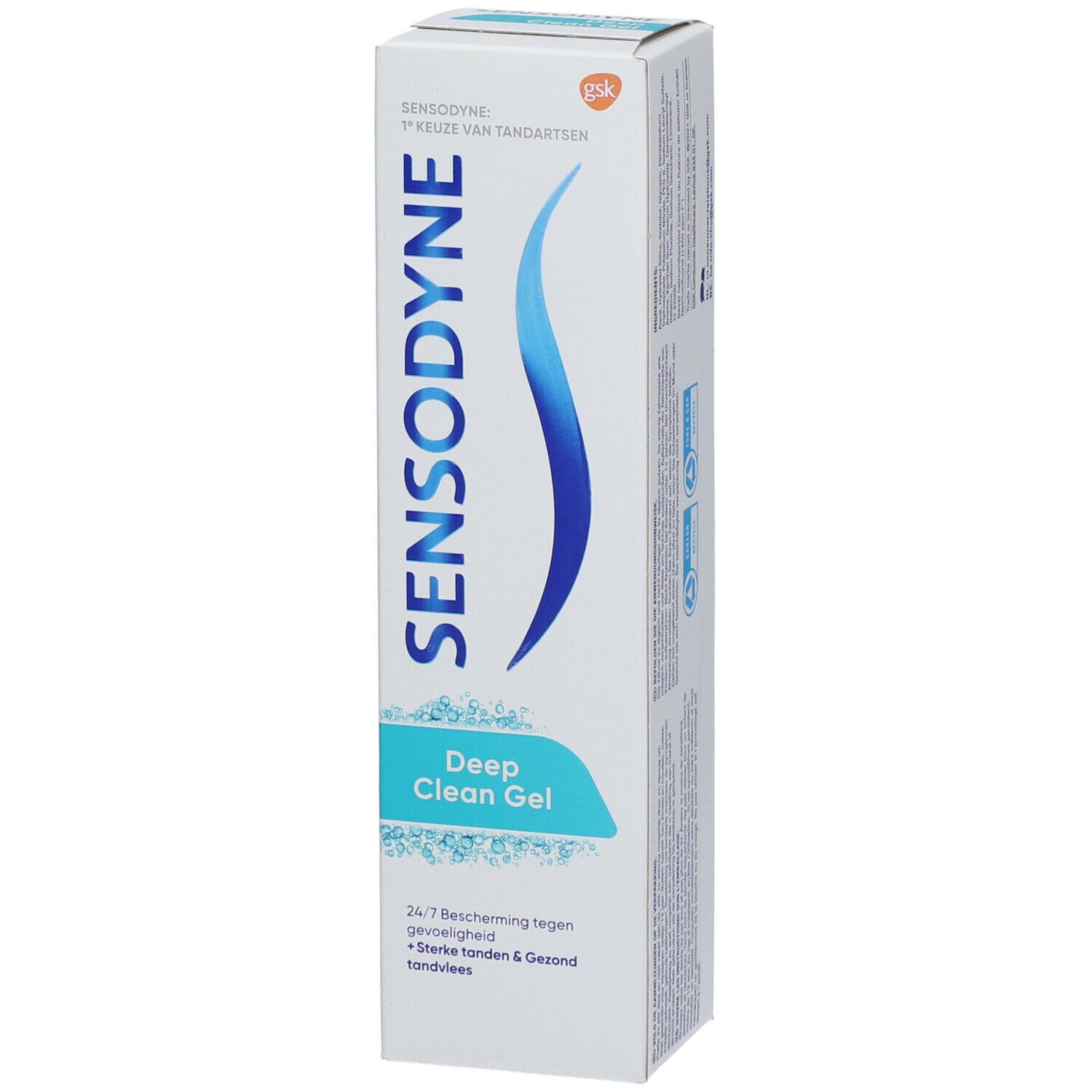 Emballage avec logo SENSODYNE bleu et texte "Deep Clean Gel".
