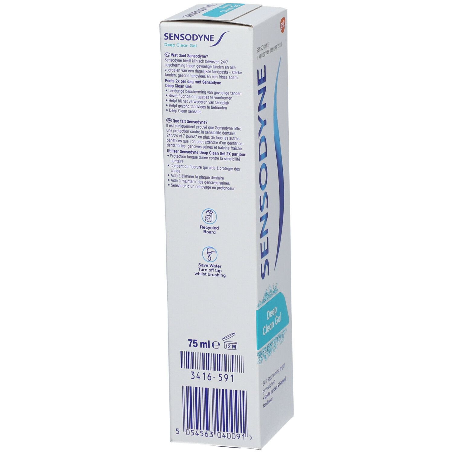 Dos de l'emballage avec texte et logo. Indication de 75 ml et code-barres.