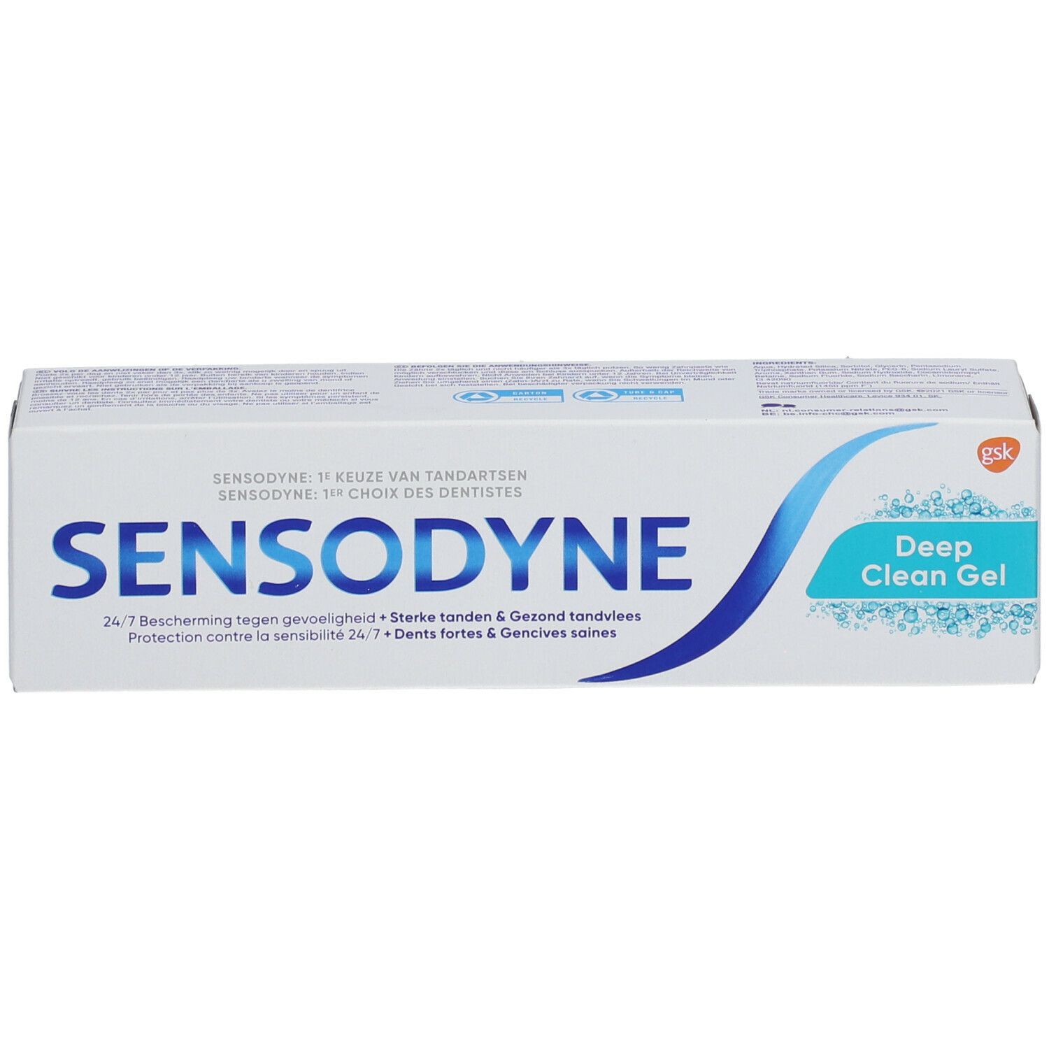 Emballage blanc avec logo SENSODYNE bleu et texte "Deep Clean Gel".