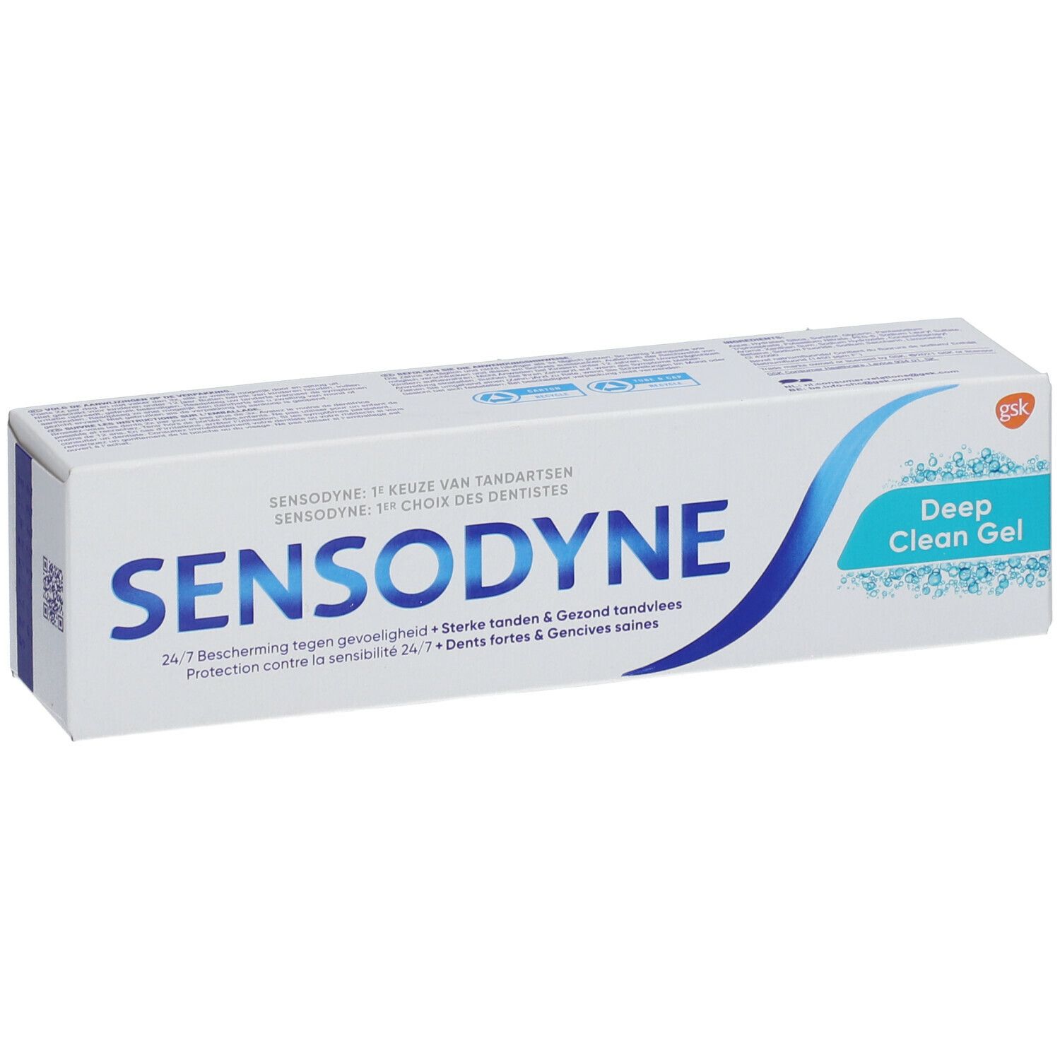 Emballage blanc avec logo SENSODYNE bleu et texte "Deep Clean Gel".