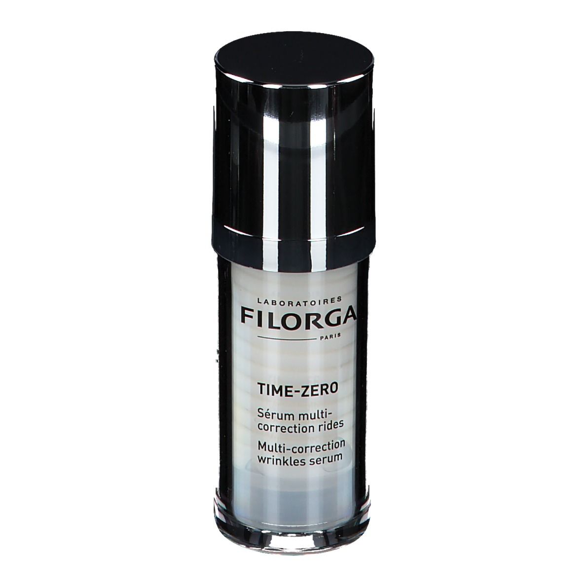 Sérum Filorga Time-Zero. Flacon cylindrique avec bouchon noir. Nom du produit et texte visibles.