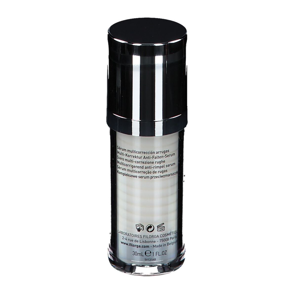 Sérum Filorga Time-Zero. Dos du flacon avec texte. Bouchon noir. Indication 30ml.
