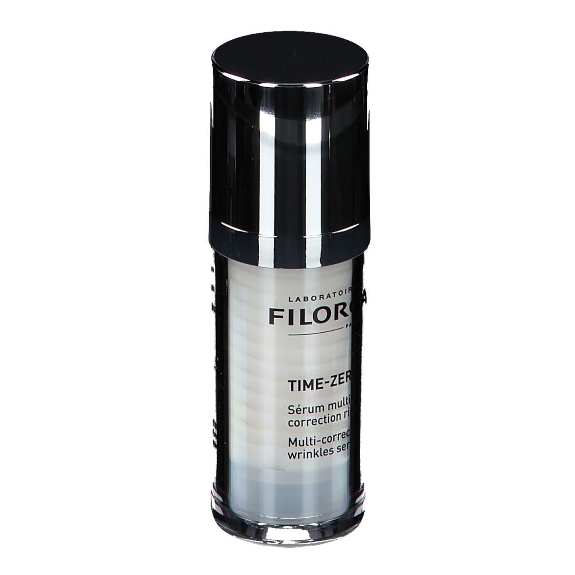 Sérum Filorga Time-Zero. Flacon cylindrique avec bouchon noir. Nom du produit et texte visibles.
