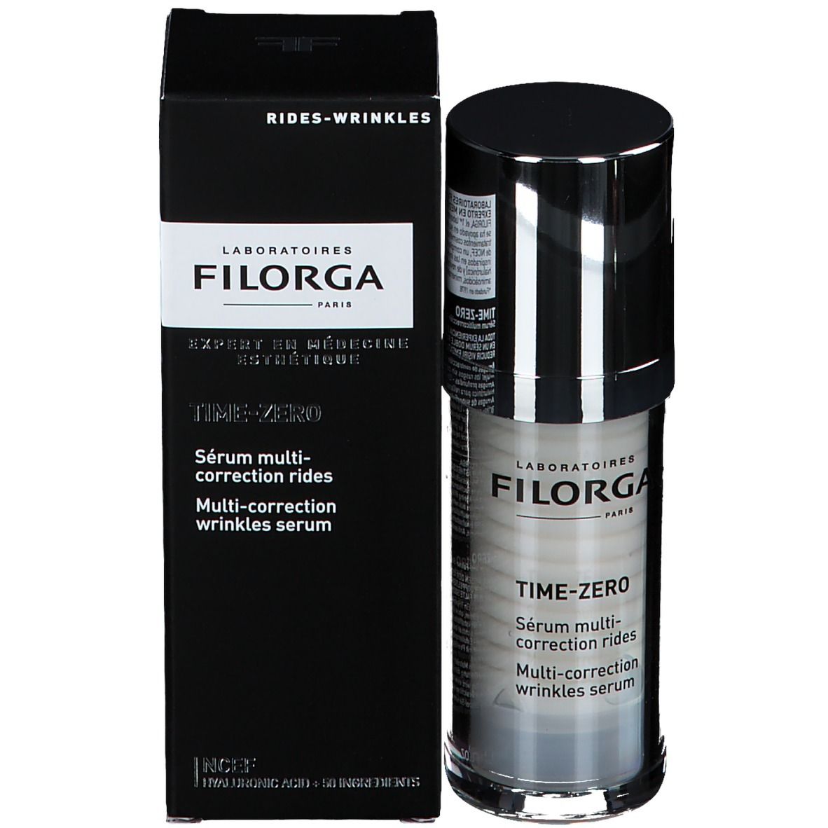 Sérum Filorga Time-Zero et emballage. Boîte noire avec produit et texte. Flacon avec bouchon noir.