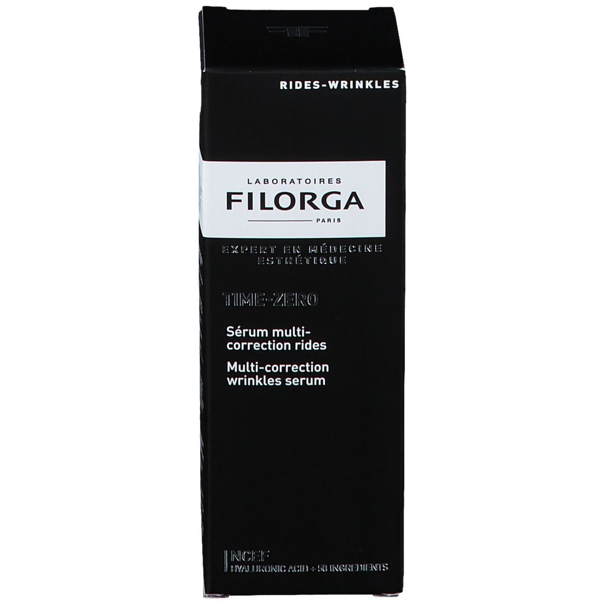 Emballage noir du sérum Filorga Time-Zero. Texte et nom du produit visibles.