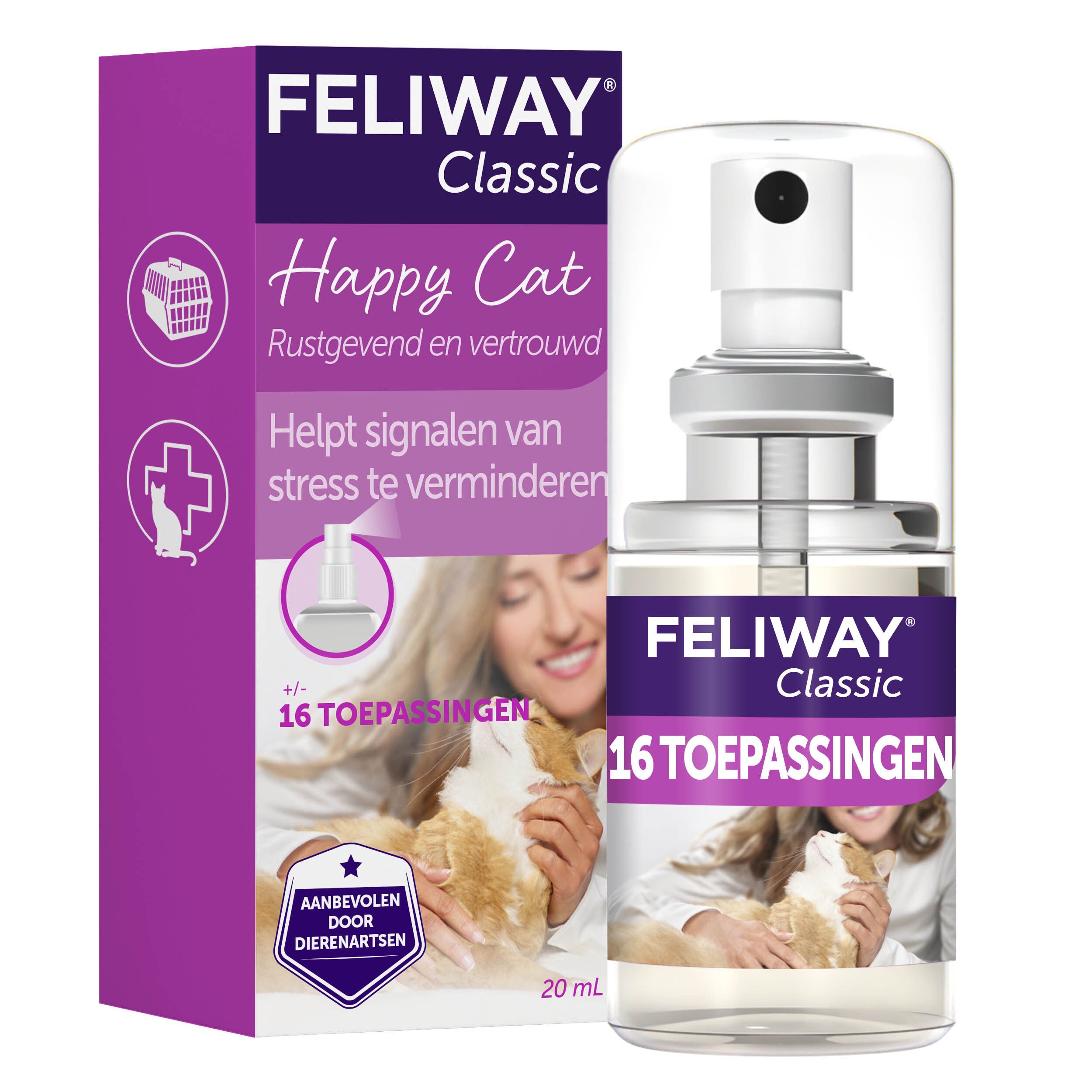 FELIWAY Classic Spray flesje. Transparant flesje met verstuiver. Opschrift: 16 toepassingen, 20 ml.