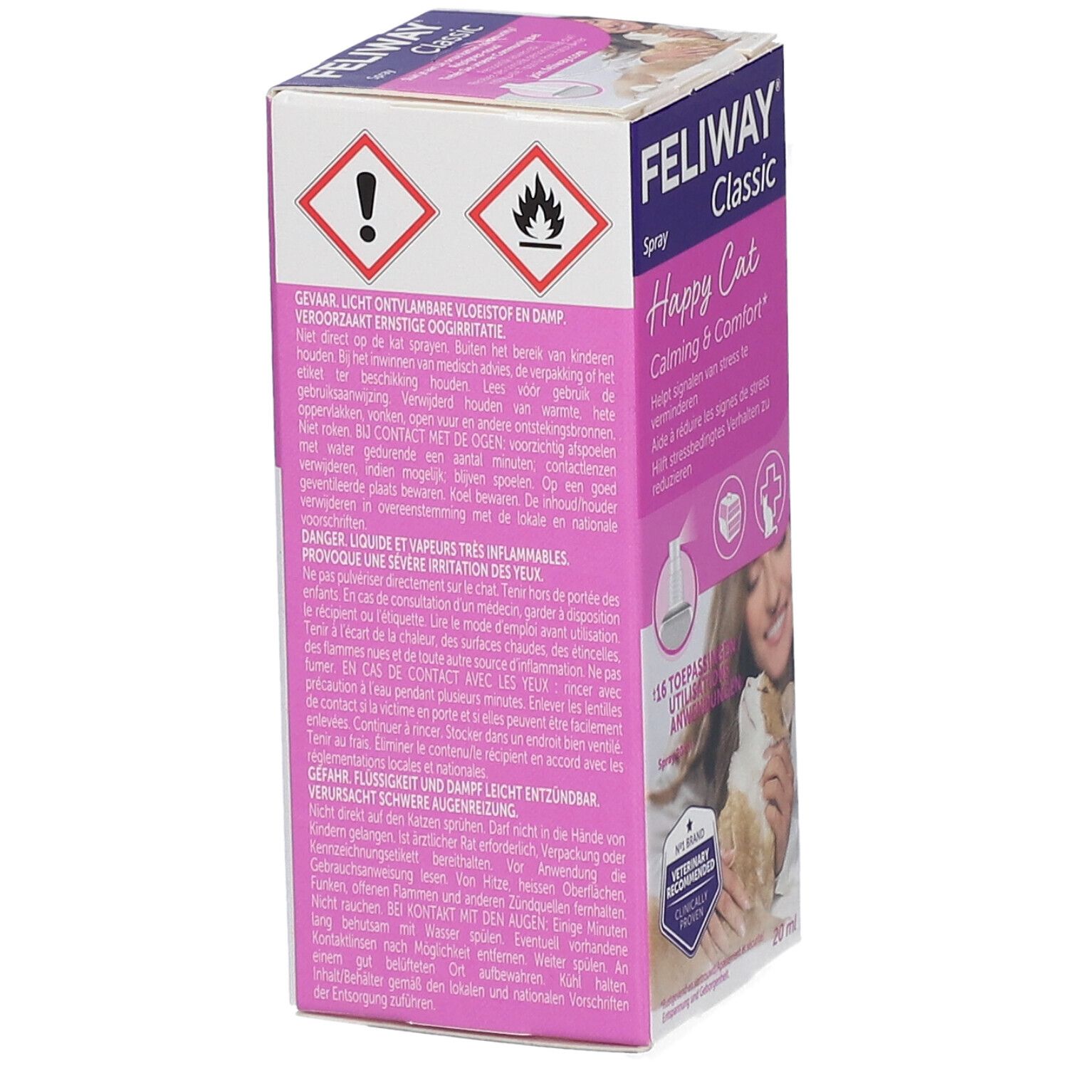 Achterkant van de FELIWAY Classic Spray doos. Waarschuwingen en gevarensymbolen afgebeeld.