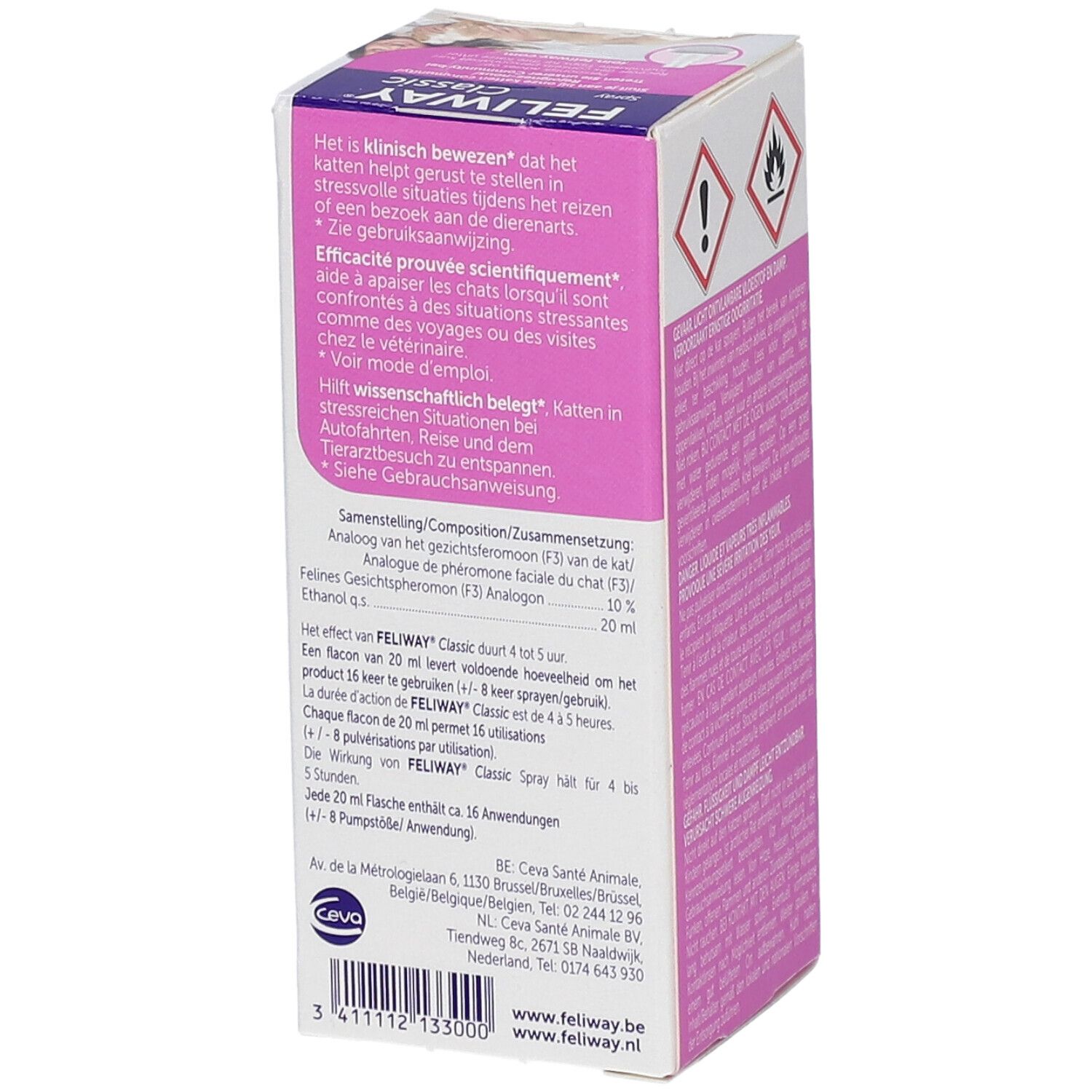 Zijkant van de FELIWAY Classic Spray doos. Informatie over samenstelling en gebruik afgebeeld.