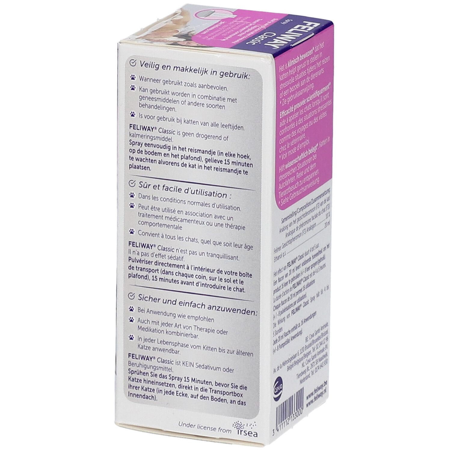 Zijkant van de FELIWAY Classic Spray doos. Gebruiksaanwijzingen en voordelen afgebeeld.