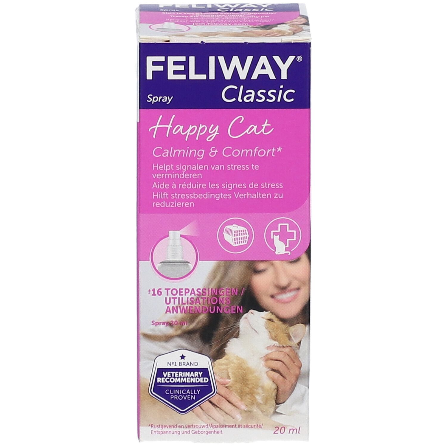 FELIWAY Classic Spray doos. Opschrift: Happy Cat, kalmerend & comfort. Bevat een flesje van 20 ml.