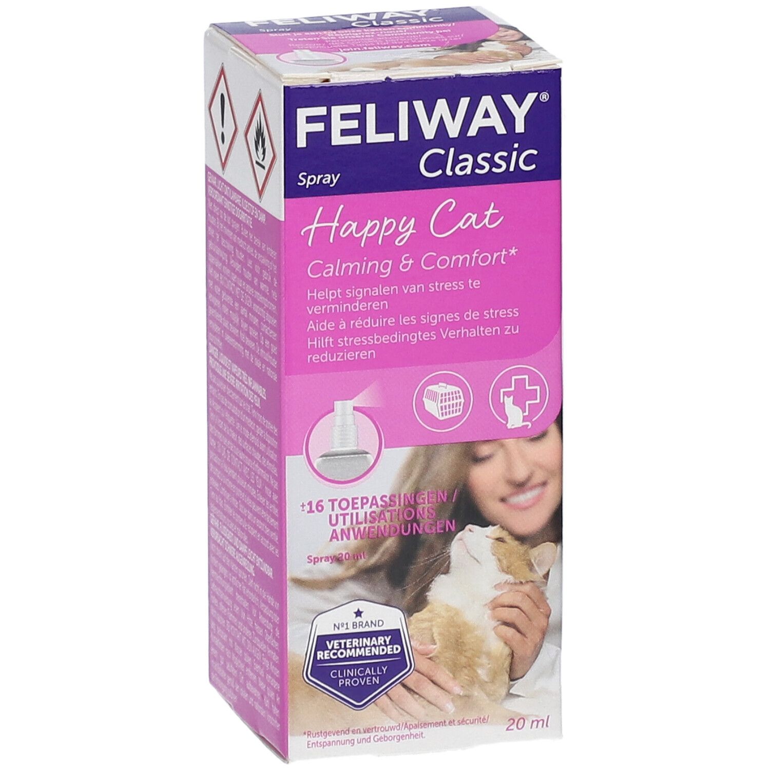 FELIWAY Classic Spray doos. Opschrift: Happy Cat, kalmerend & comfort. Flesje van 20 ml.