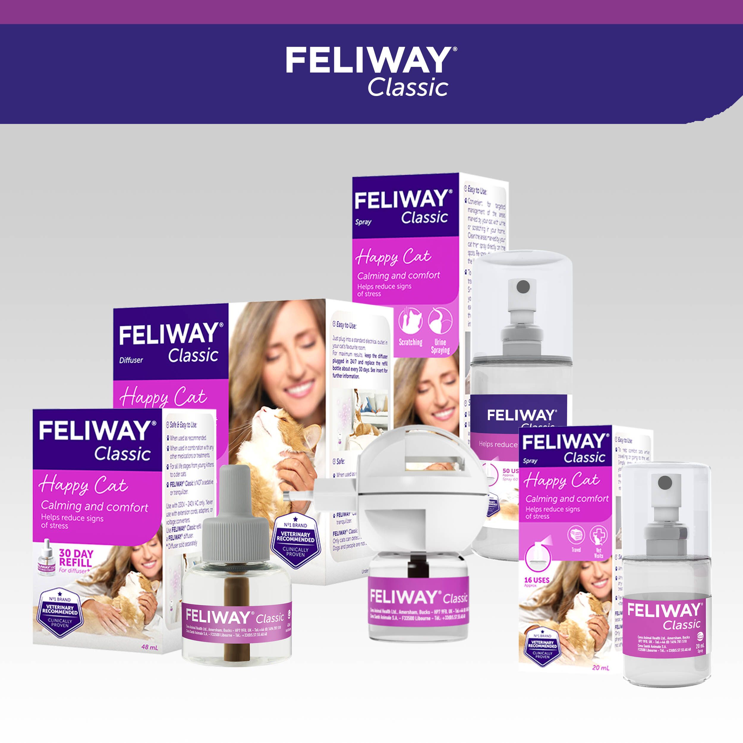 FELIWAY Classic Spray. Afgebeeld: kat. Opschrift: Klinisch bewezen.