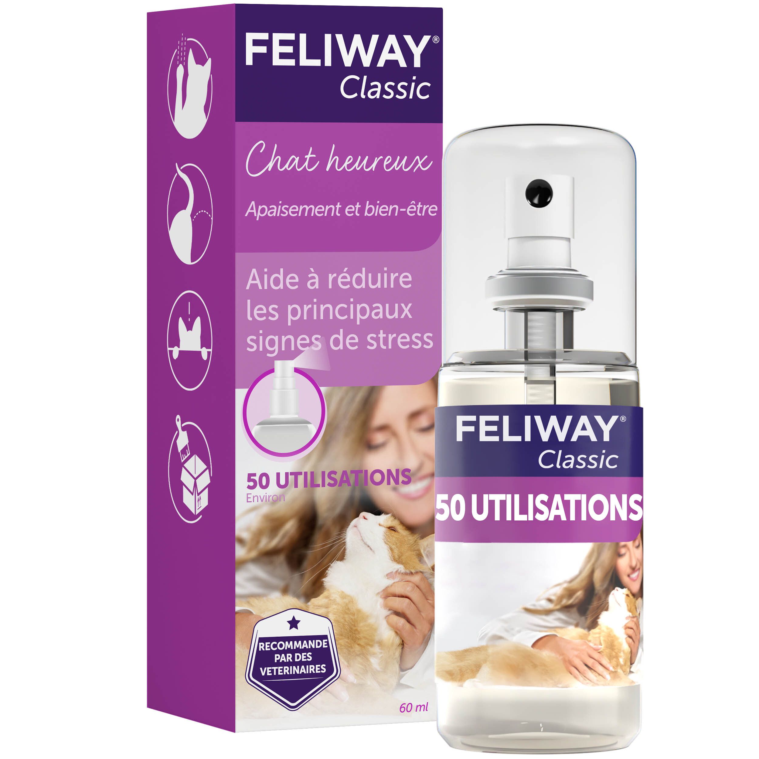 Feliway Classic Spray et boîte. Inscription: Chat heureux. Contient 60 ml. Illustration d'une femme et d'un chat.