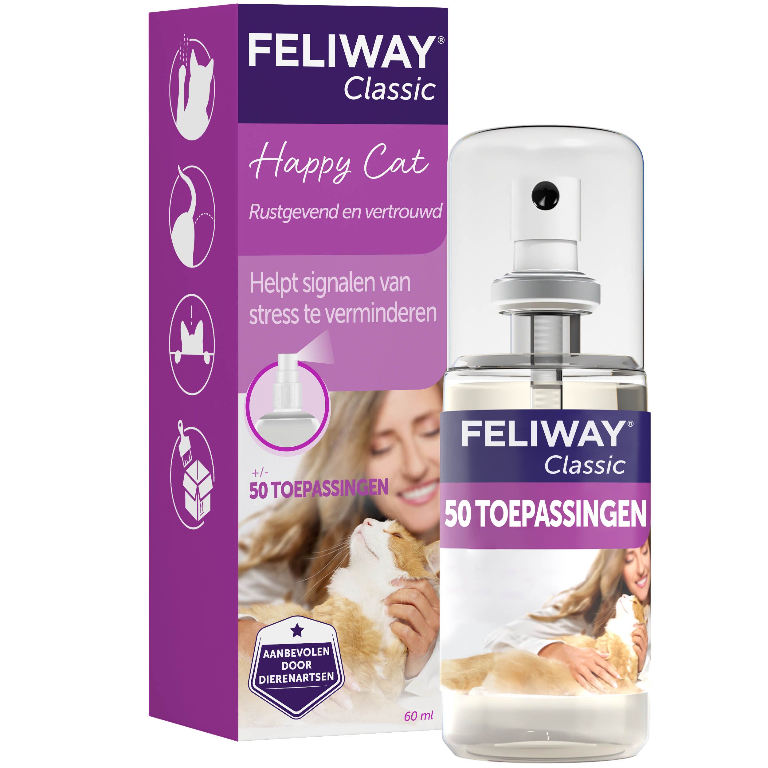 Feliway Classic Spray en doos. Opschrift: Happy Cat. Bevat 50 toepassingen. Met kat.